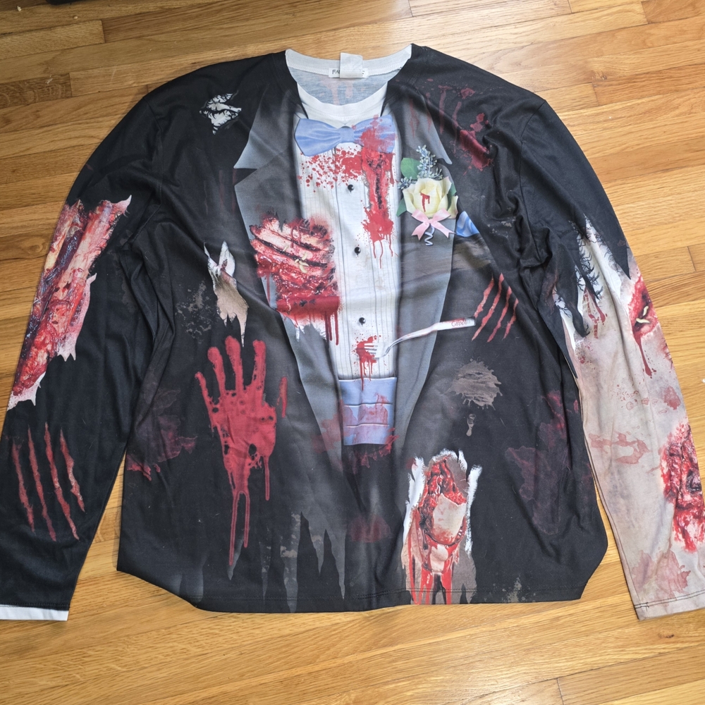 Faux Real Bloody Tuxedo Horror Long Sleeve Shirt XXL – Halloween Costume Illusio